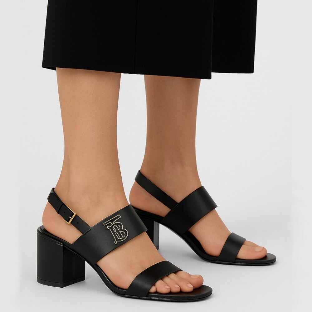 Burberry Virginia Logo Leather Slingback Sandals Black New